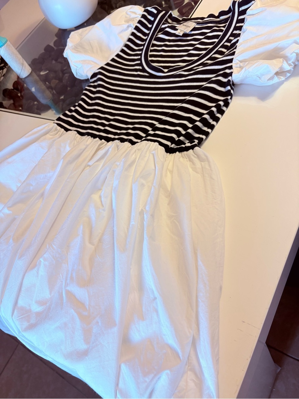 Maeve Striped Bodice Puff-Sleeve Midi Dress in White and Black - Picture 6 of 15